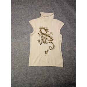 IISLI Women's White 100% Cashmere Sleeveless Sequin Sweater Size Small Dragon